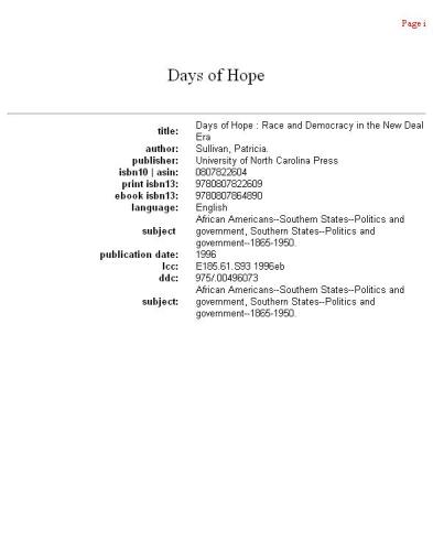Days of hope: race and democracy in the New Deal Era