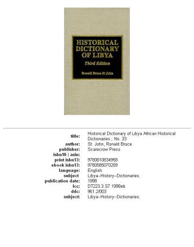 Historical Dictionary of Libya (African Historical Dictionaries, 33)