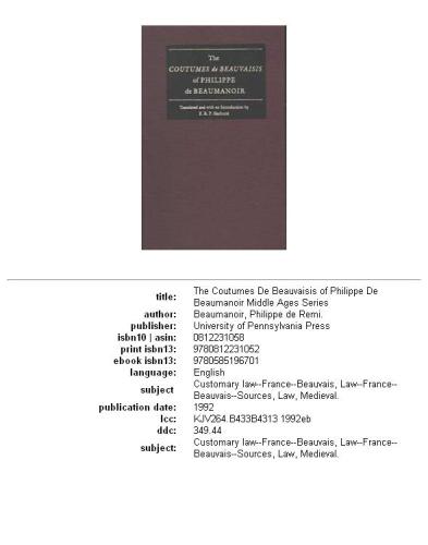 The Coutumes de Beauvaisis of Philippe de Beaumanoir