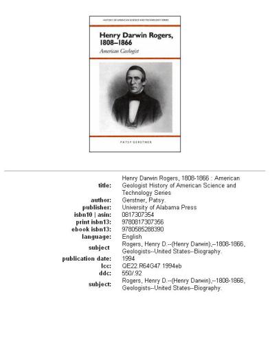 Henry Darwin Rogers, 1808-1866: American geologist