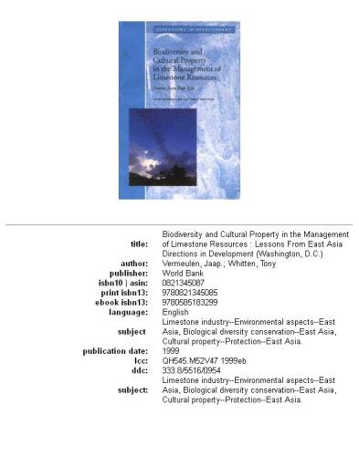 Biodiversity and Cultural Property in the Management of Limestone Resources in East Asia: Lessons from East Asia (Directions in Development (Washington, D.C.).)