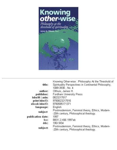 Knowing other-wise: philosophy at the threshold of spirituality