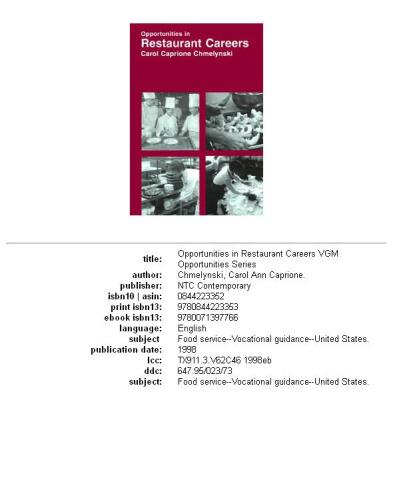 Opportunities in Restaurant Careers (Opportunities Inseries)