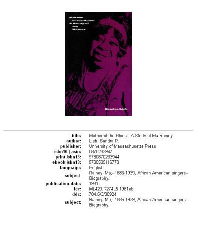 Mother of the Blues: A Study of Ma Rainey