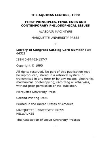 First Principles, Final Ends and Contemporary Philosophical Issues (Aquinas Lecture)