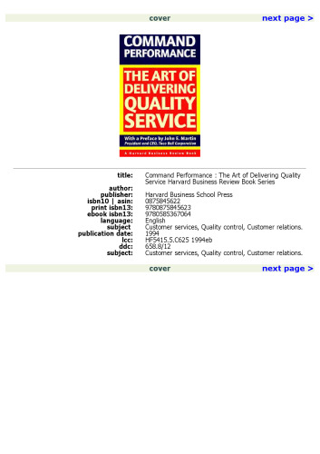 Command Performance: The Art of Delivering Quality Service (Harvard Business Review Book)