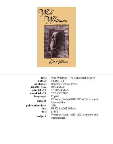 Walt Whitman: the centennial essays