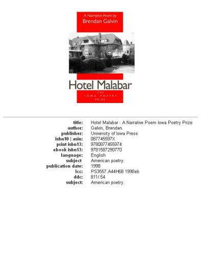 Hotel Malabar: a narrative poem