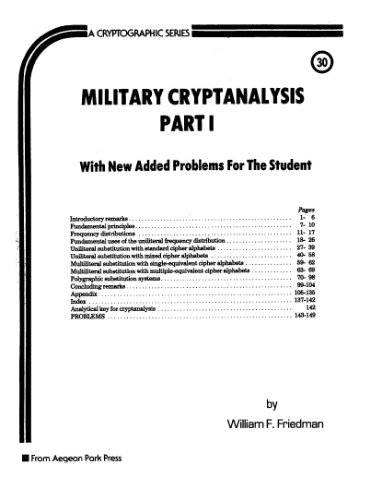 Military Cryptanalysis, Part I, Monoalphabetic Substitution Systems (Cryptographic Series, C-30)
