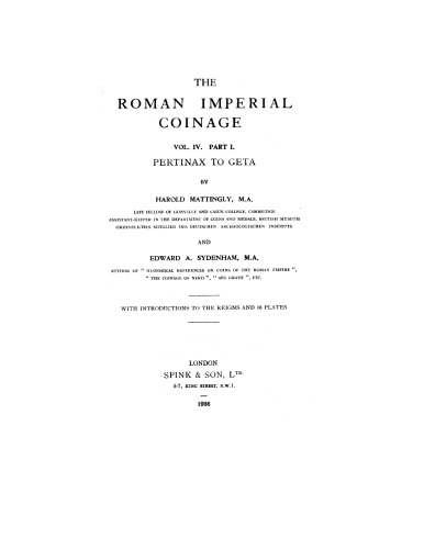 Roman Imperial Coinage, Volume IV, Part I: Pertinax to Geta