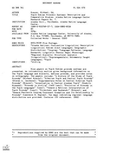 Yupik Eskimo Prosodic Systems: Descriptive and Comparative Studies