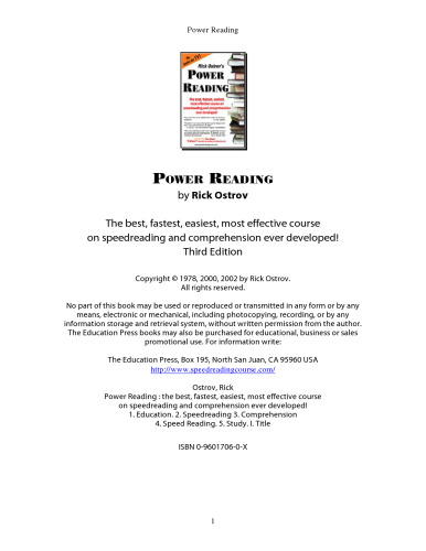 Power Reading : The Best, Fastest, Easiest, Most Effective Course on Speedreading and Comprehension Ever Developed!