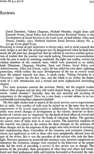 Social Policy and Administration Revisited: Studies in the Development of Social Services at the Local Level