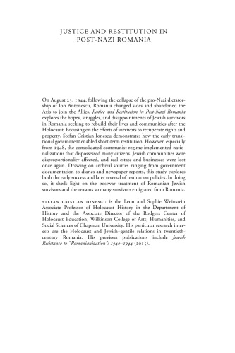 Justice and Restitution in Post-Nazi Romania: Rebuilding Jewish Lives and Communities, 1944-1950