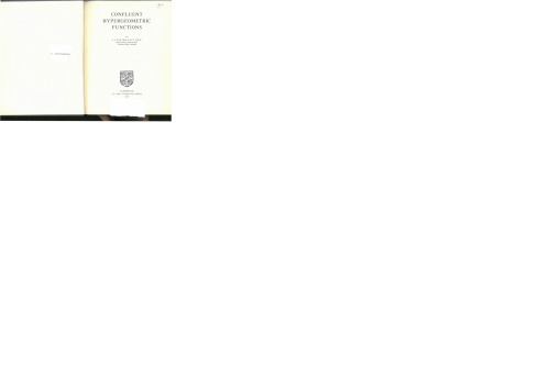 Confluent Hypergeometric Functions (Cambridge Library Collection - Mathematics)