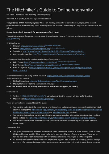 The Hitchhiker’s Guide to Online Anonymity - Version 0.9.7b - June 2021