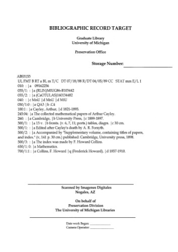 The Collected Mathematical Papers Of Arthur Cayley, Volume 1
