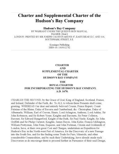 Charter And Supplemental Charter Of The Hudson's Bay Company