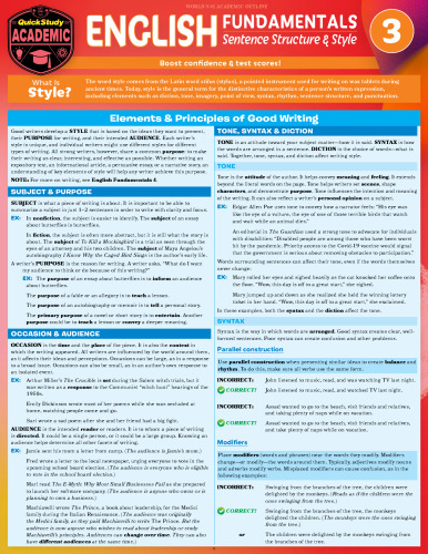 English Fundamentals 3 - Sentence Structure & Style: a QuickStudy Language Arts Laminated Reference Guide