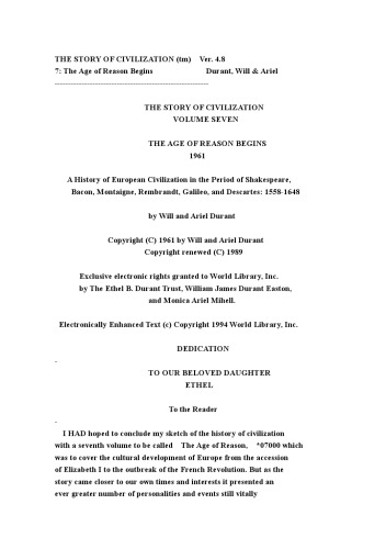 Story of civilization. The Age of Reason Begins