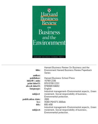 Harvard business review on business and the environment