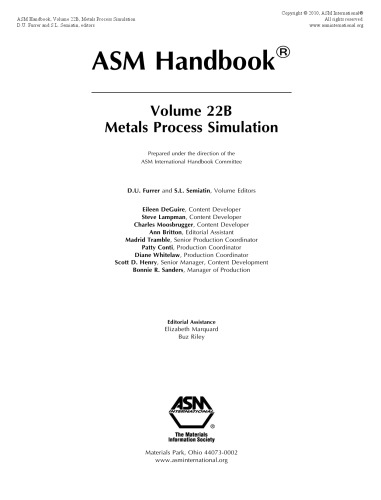 Asm Handbook Volume 22B: Metals Process Simulation