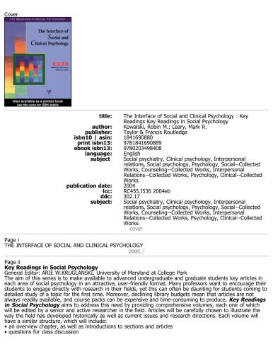 The Interface of Social and Clinical Psychology: Key Readings