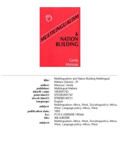 Multilingualism and Nation Building (Multilingual Matters, No 91)