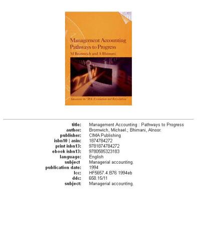 Management Accounting, First Edition: Pathways to Progress (CIMA Research)