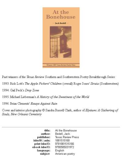 At the Bonehouse (Texas Review Southern and Southwestern Poetry Breakthrough Series)