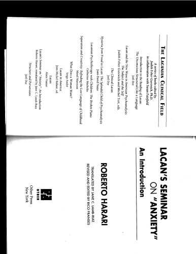 Lacan's Seminar on Anxiety (The Lacanian Clinical Field)