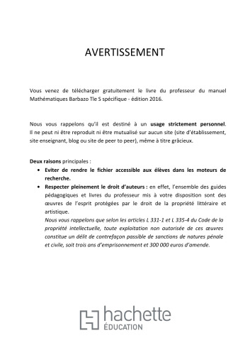 Mathématiques Barbazo Tle S spécifique - Livre du professeur - éd. 2016