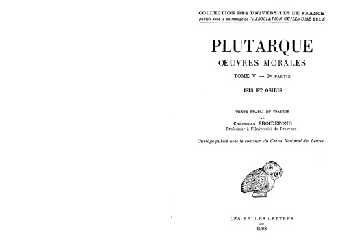 Plutarque, Œuvres morales, Tome V2: Isis et Osiris