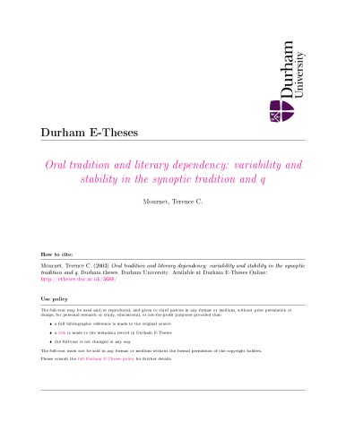 Oral tradition and literary dependency: variability and stability in the synoptic tradition and q