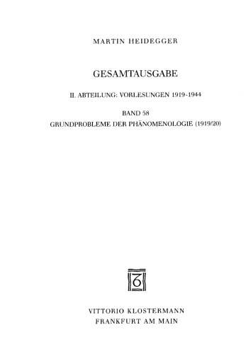 Grundprobleme der Phänomenologie (Wintersemester 1919-20)