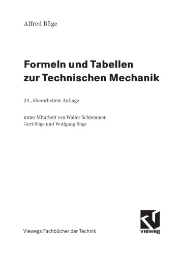Formeln und Tabellen zur Technischen Mechanik, 20.Auflage GERMAN