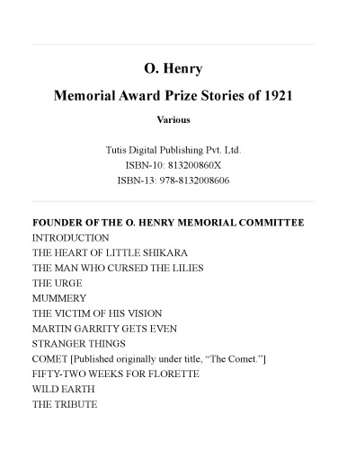 O. Henry Memorial Award Prize Stories Of 1921