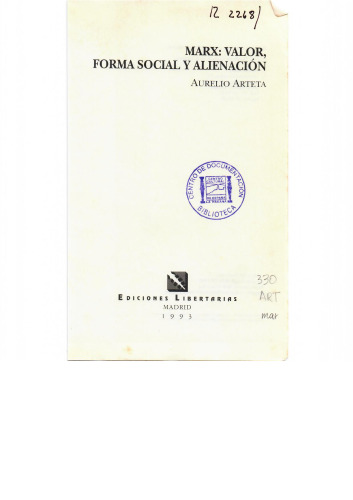 Marx: valor, forma social y alienacion