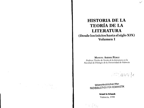 Historia de la teoría de la literatura. Volumen I