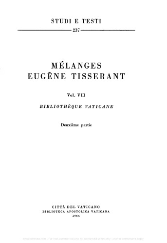 Mélanges Eugène Tisserant. Bibliothèque Vaticane. Deuxième partie