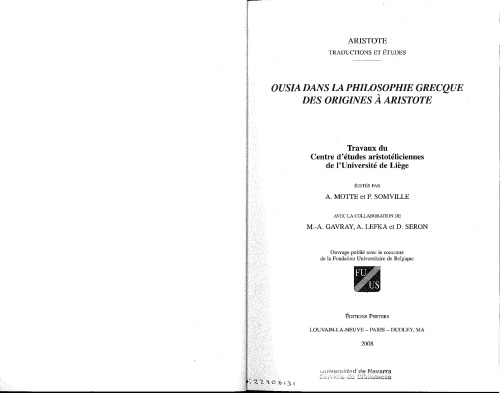 Ousia dans la philosophie grecque des origines a Aristote