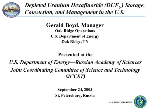 Depleted UF6 Storage, Mgmt in the US [pres. slides]