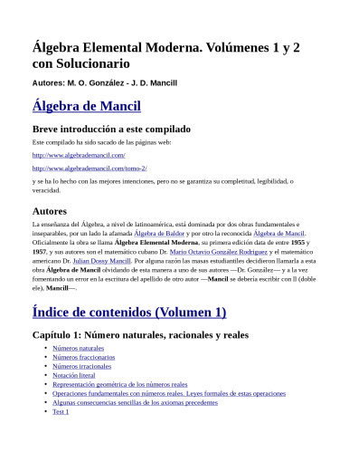 Álgebra de Mancil - Álgebra Elemental Moderna. Volúmenes 1 y 2 con Solucionario
