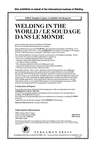 Weld Quality: the Role of Computers. Proceedings of the International Conference on Improved Weldment Control with Special Reference to Computer Technology Held in Vienna, Austria, 4–5 July 1988 under the Auspices of the International Institute of Welding