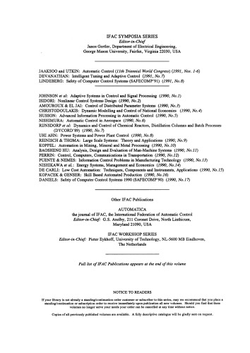 Intelligent Tuning and Adaptive Control. Selected Papers from the IFAC Symposium, Singapore, 15–17 January 1991