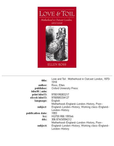 Love and Toil: Motherhood in Outcast London, 1870-1918