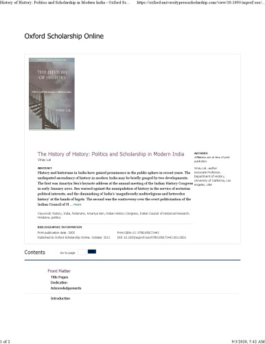 The History of History: Politics and Scholarship In Modern India