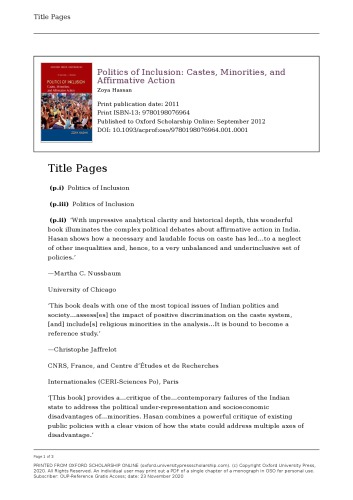 Politics of Inclusion: Castes, Minorities and Affirmative Action