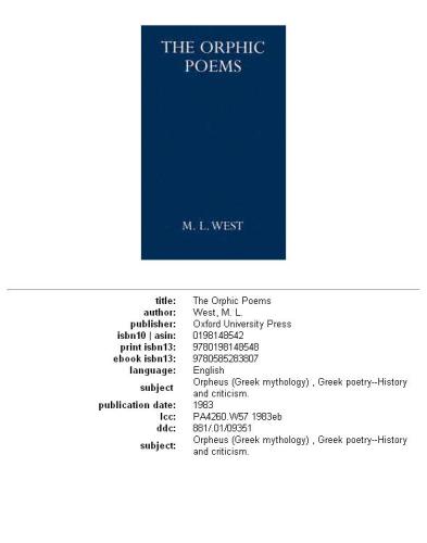 The Orphic Poems (Oxford University Press Academic Monograph Reprints)