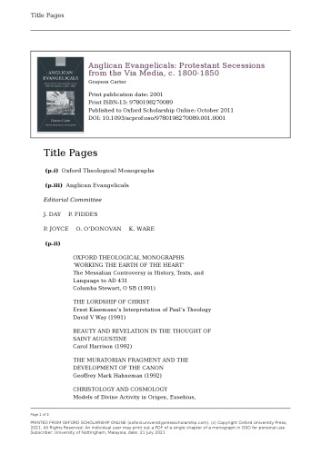 Anglican Evangelicals: Protestant Secessions from the Via Media, c. 1800-1850